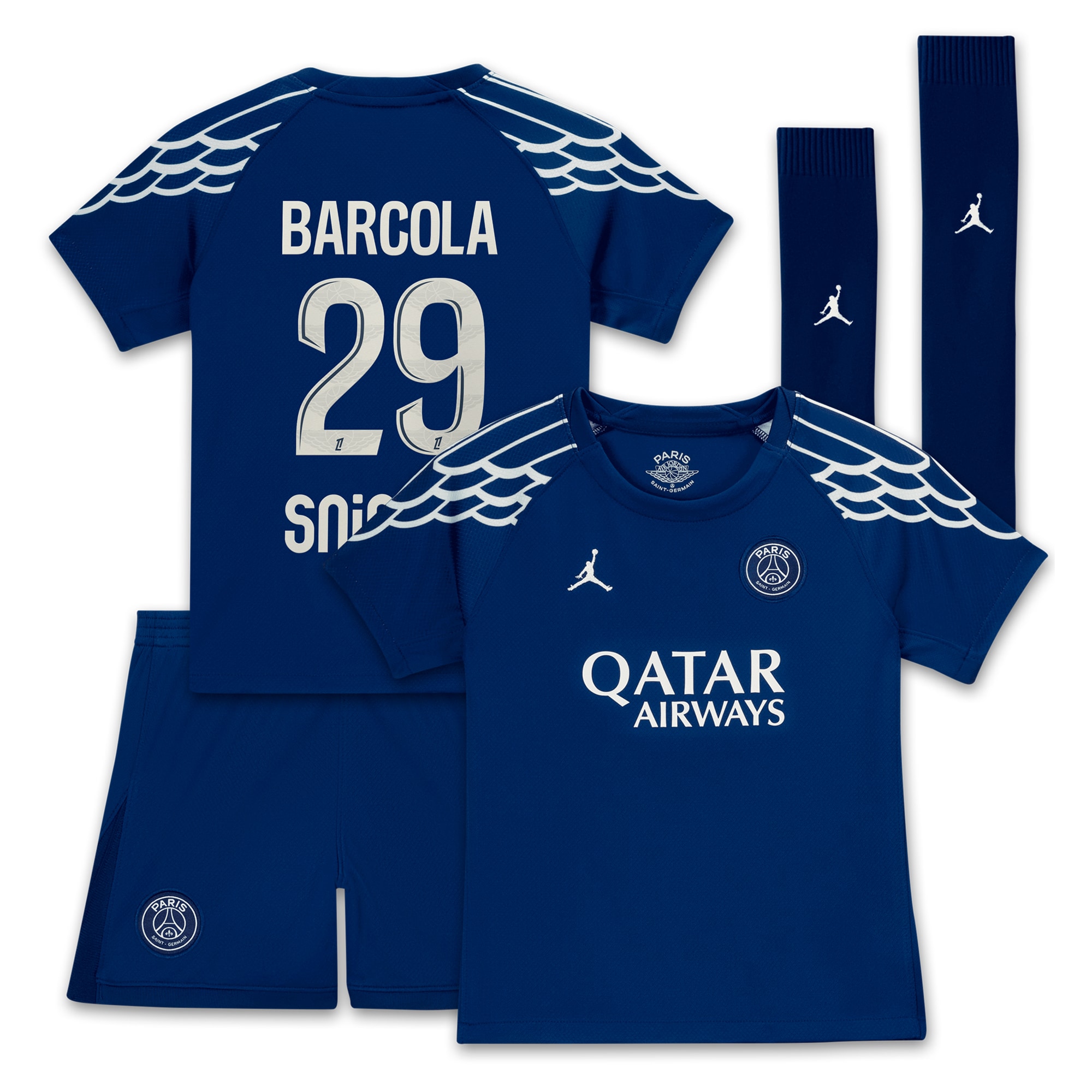 Exklusive psg jordan viertes stadiontrikot 2024-25 – kleine kinder mit barcola 29-aufdruck Kollektion – Premium Paris Saint Germain Trikots