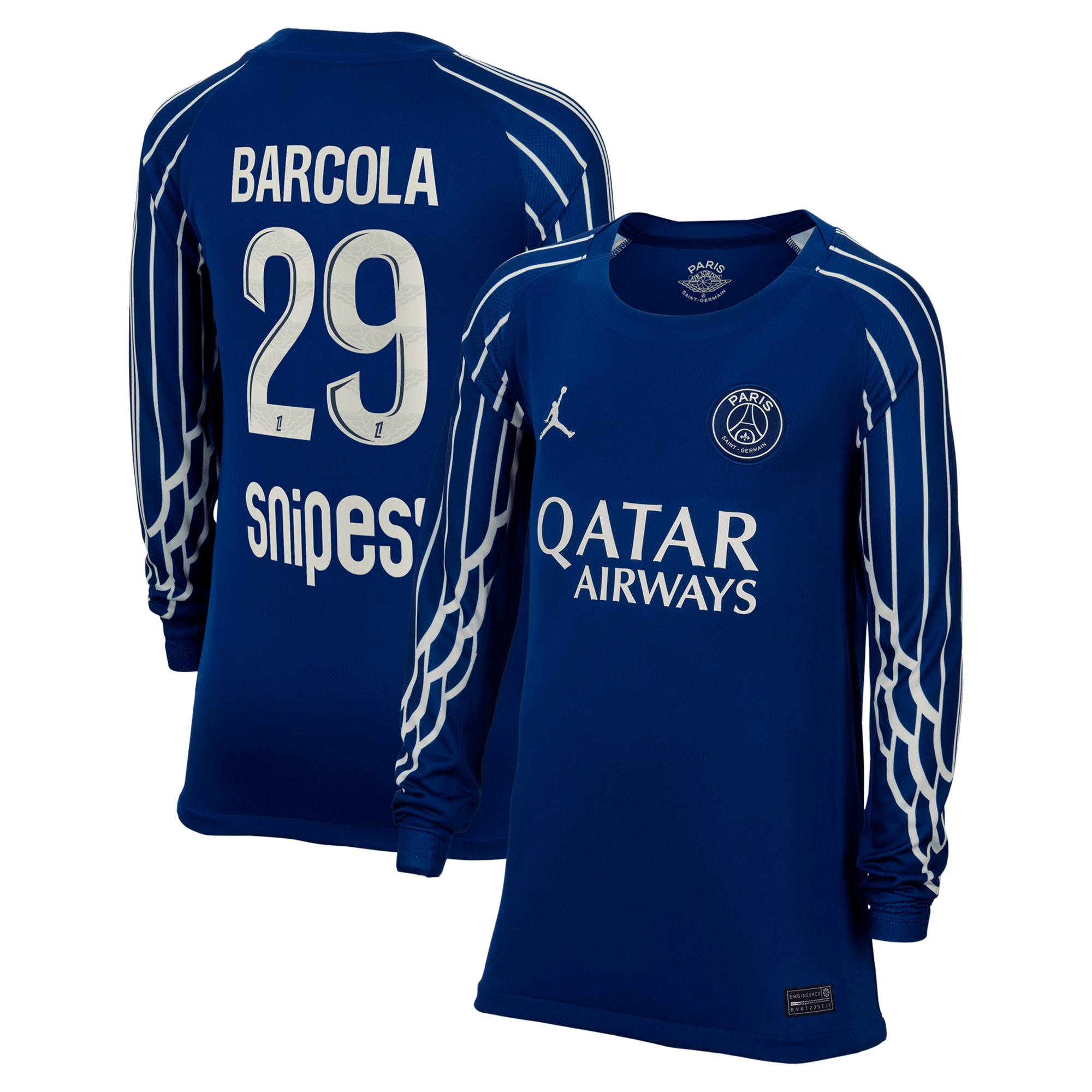Exklusive psg jordan viertes stadiontrikot 2024-25 – langarm – kinder mit barcola 29-aufdruck Kollektion – Premium Paris Saint Germain Trikots