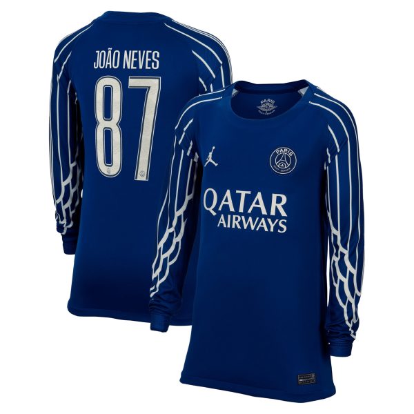 Exklusive psg jordan viertes stadiontrikot 2024-25 – langarm – kinder mit cup-aufdruck joao neves 87 Kollektion – Premium Paris Saint Germain Trikots