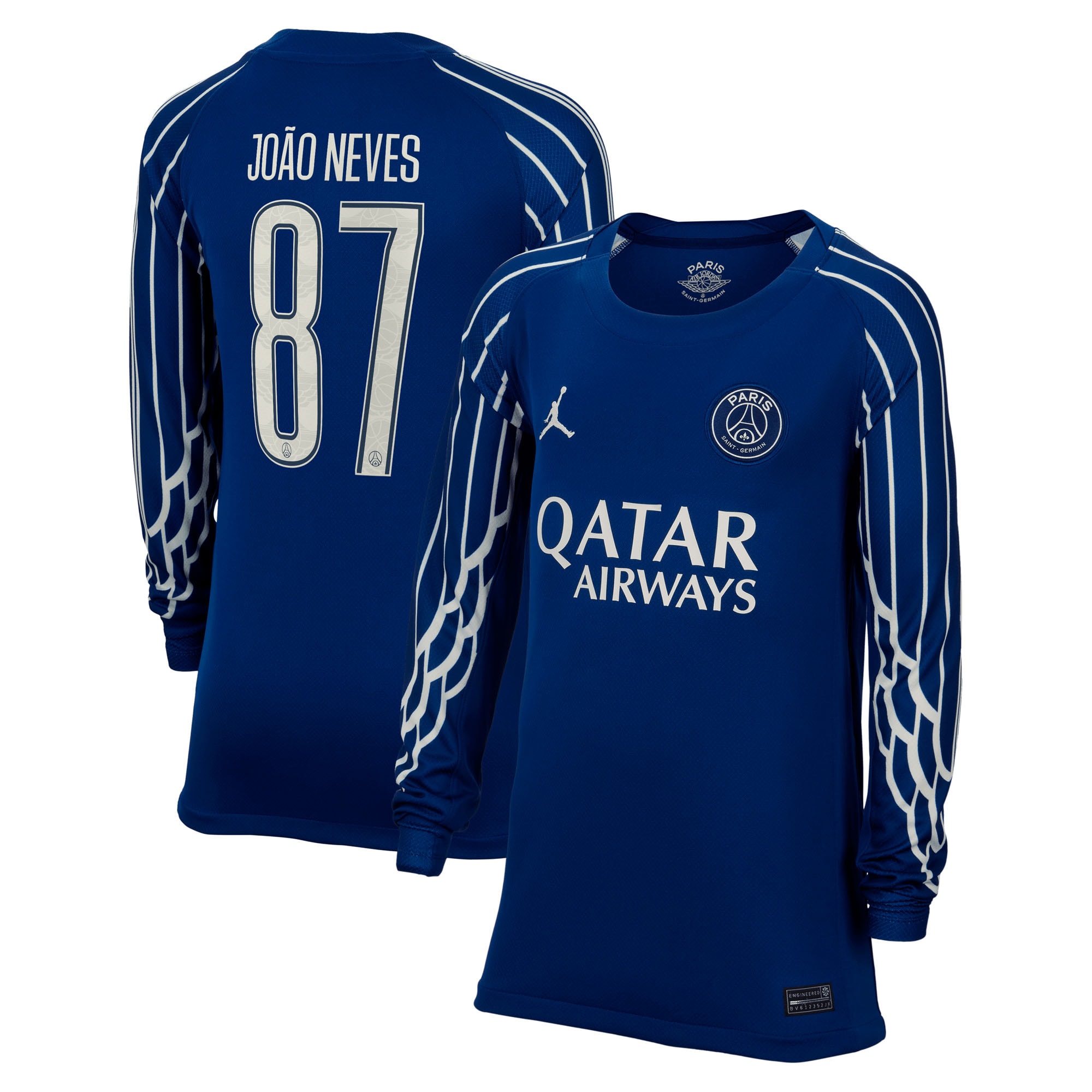 Exklusive psg jordan viertes stadiontrikot 2024-25 – langarm – kinder mit cup-aufdruck joao neves 87 Kollektion – Premium Paris Saint Germain Trikots