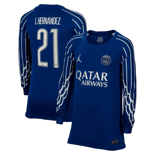 Exklusive psg jordan viertes stadiontrikot 2024-25 – langarm – kinder mit cup-aufdruck l.hernandez 21 Kollektion – Premium Paris Saint Germain Trikots