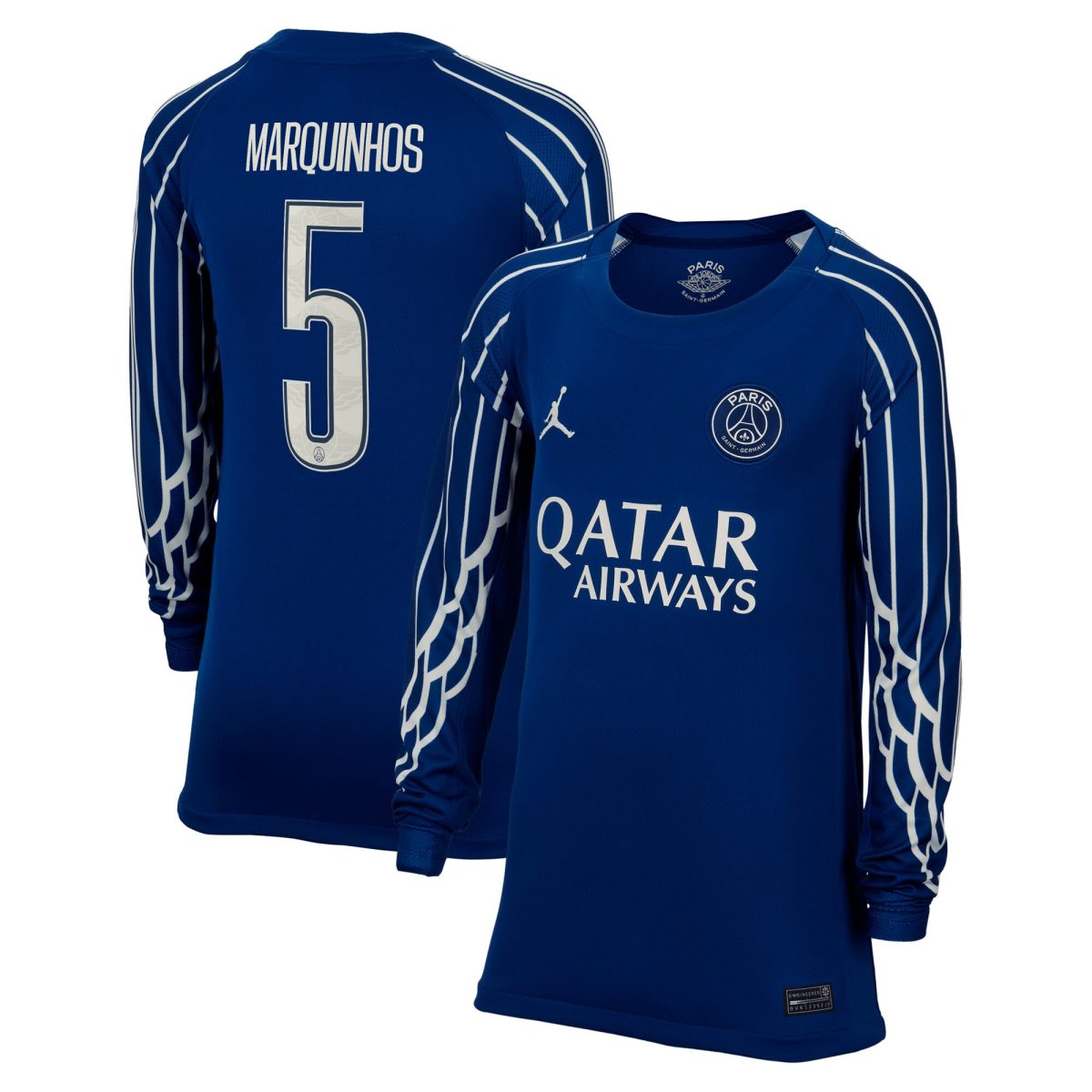 Exklusive psg jordan viertes stadiontrikot 2024-25 – langarm – kinder mit cup-aufdruck marquinhos 5 Kollektion – Premium Paris Saint Germain Trikots