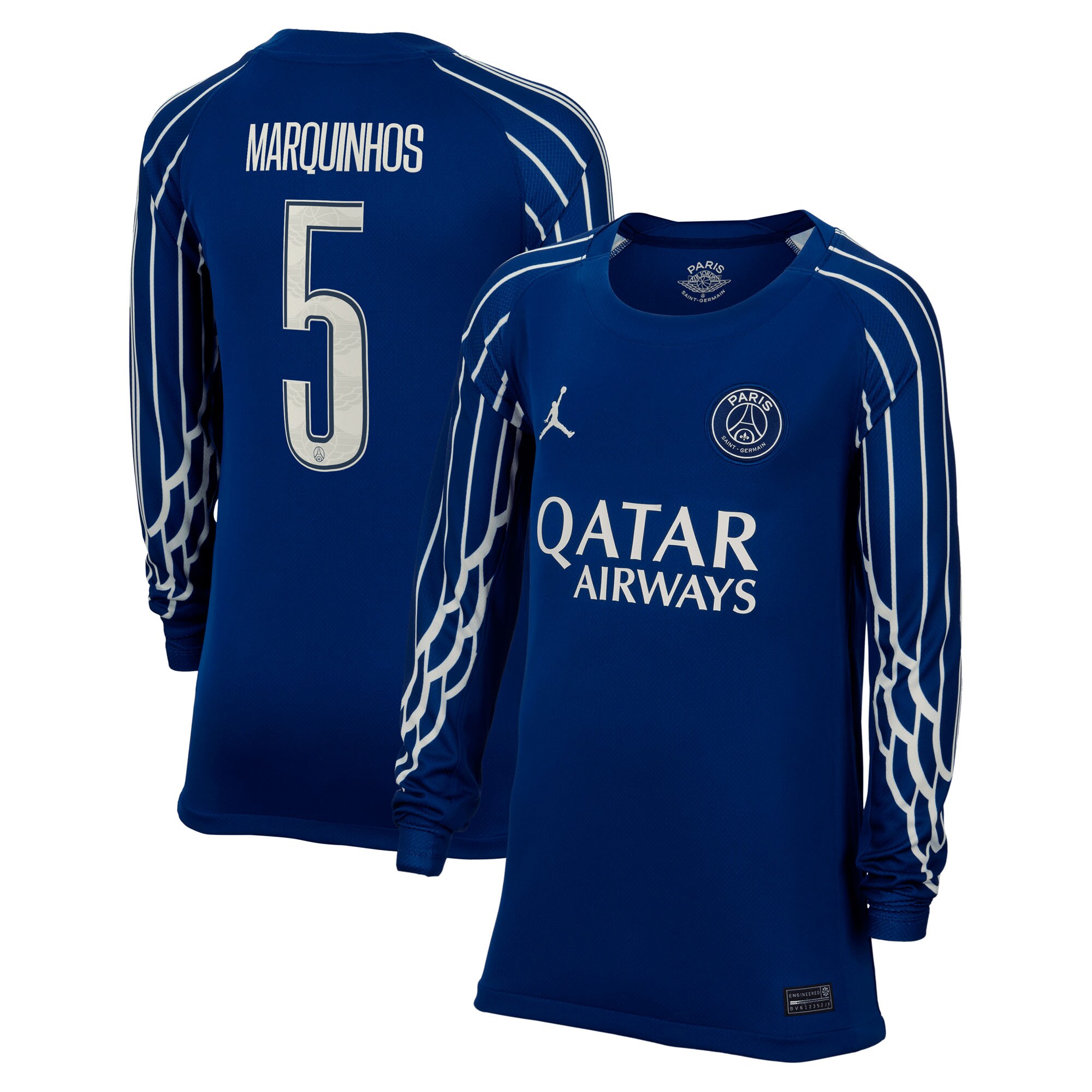 Exklusive psg jordan viertes stadiontrikot 2024-25 – langarm – kinder mit cup-aufdruck marquinhos 5 Kollektion – Premium Paris Saint Germain Trikots