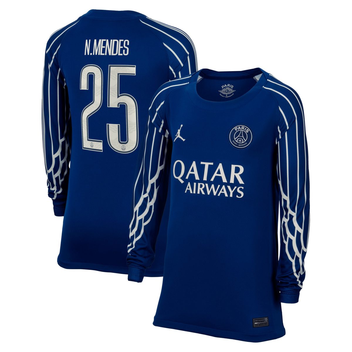 Exklusive psg jordan viertes stadiontrikot 2024-25 – langarm – kinder mit cup-aufdruck n.mendes 25 Kollektion – Premium Paris Saint Germain Trikots