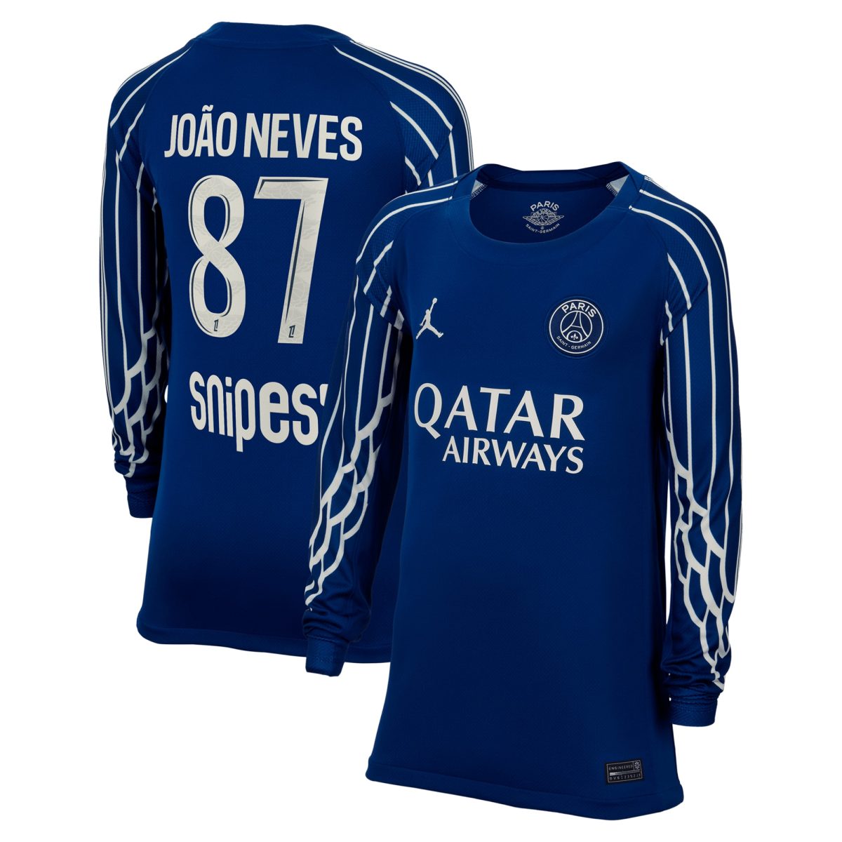 Exklusive psg jordan viertes stadiontrikot 2024-25 – langarm – kinder mit joao neves 87-aufdruck Kollektion – Premium Paris Saint Germain Trikots