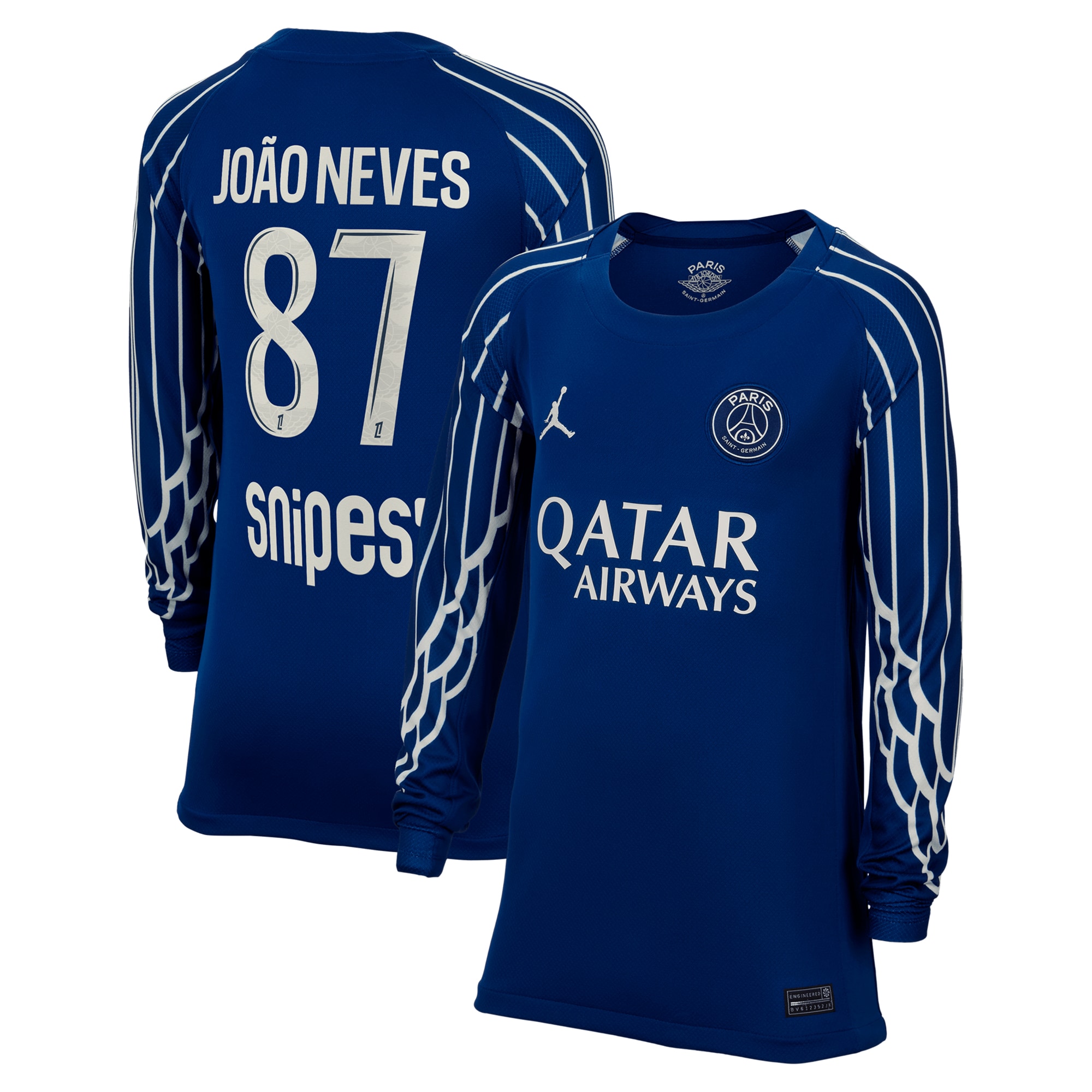 Exklusive psg jordan viertes stadiontrikot 2024-25 – langarm – kinder mit joao neves 87-aufdruck Kollektion – Premium Paris Saint Germain Trikots
