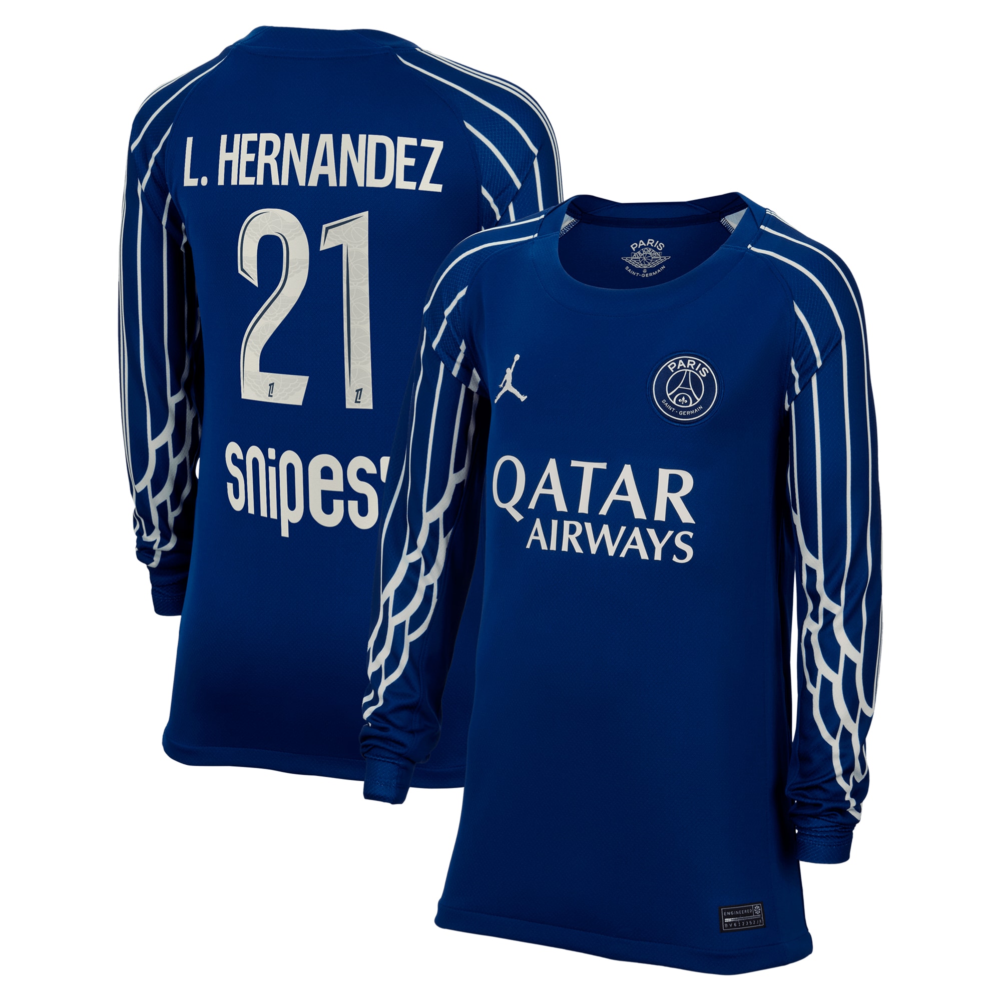 Exklusive psg jordan viertes stadiontrikot 2024-25 – langarm – kinder mit l.hernandez 21-aufdruck Kollektion – Premium Paris Saint Germain Trikots