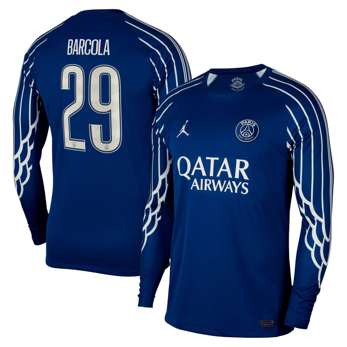 Exklusive psg jordan viertes stadiontrikot 2024-25 – langarm mit cup-aufdruck barcola 29 Kollektion – Premium Paris Saint Germain Trikots