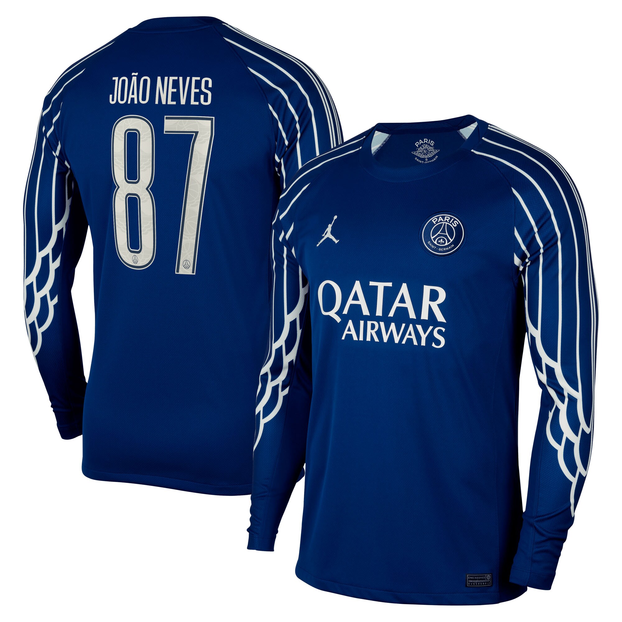 Exklusive psg jordan viertes stadiontrikot 2024-25 – langarm mit cup-aufdruck joao neves 87 Kollektion – Premium Paris Saint Germain Trikots