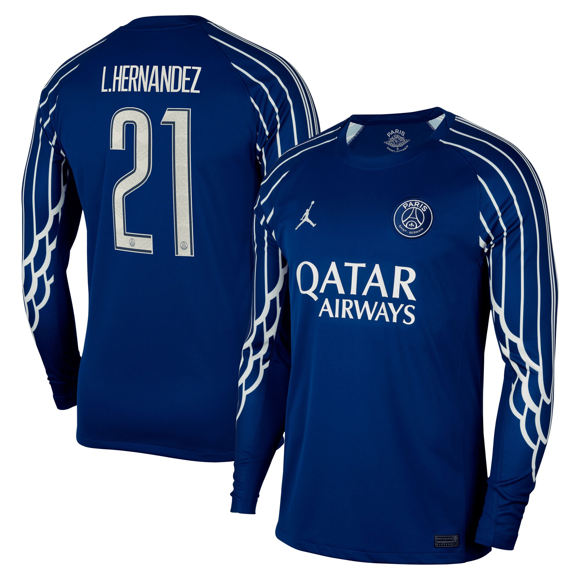 Exklusive psg jordan viertes stadiontrikot 2024-25 – langarm mit cup-aufdruck l.hernandez 21 Kollektion – Premium Paris Saint Germain Trikots