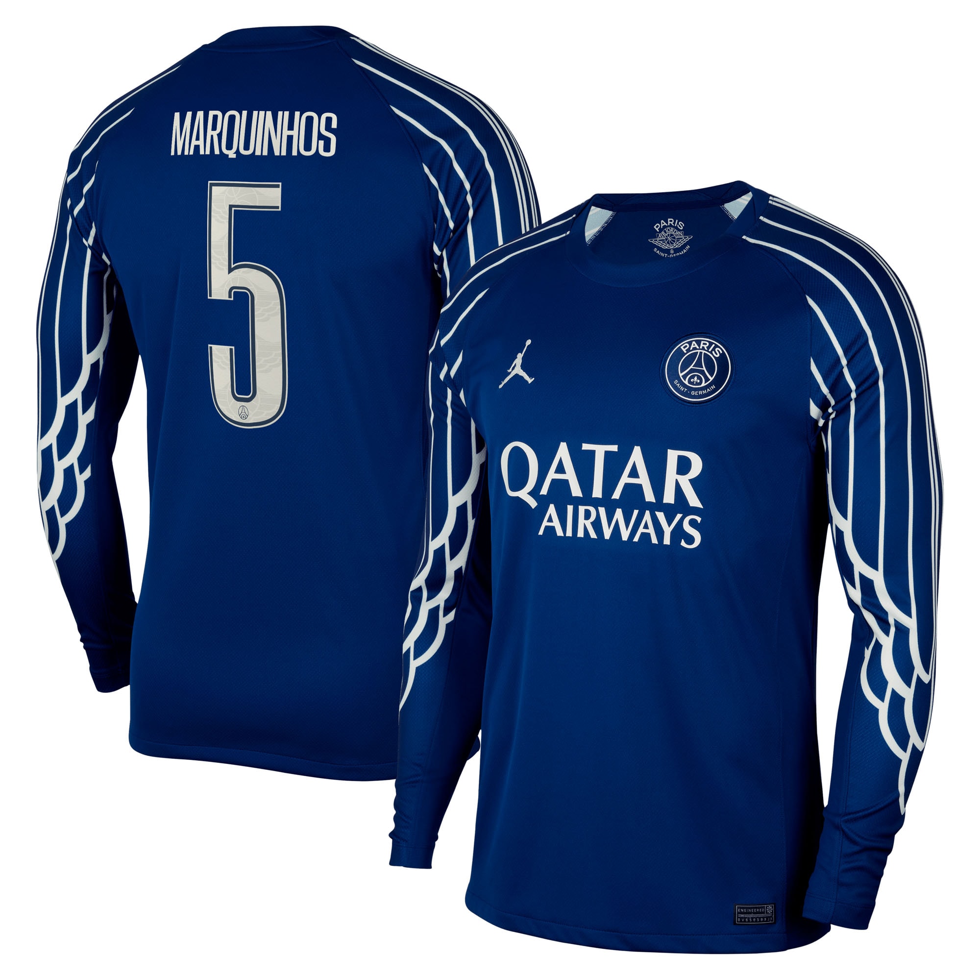 Exklusive psg jordan viertes stadiontrikot 2024-25 – langarm mit cup-aufdruck marquinhos 5 Kollektion – Premium Paris Saint Germain Trikots