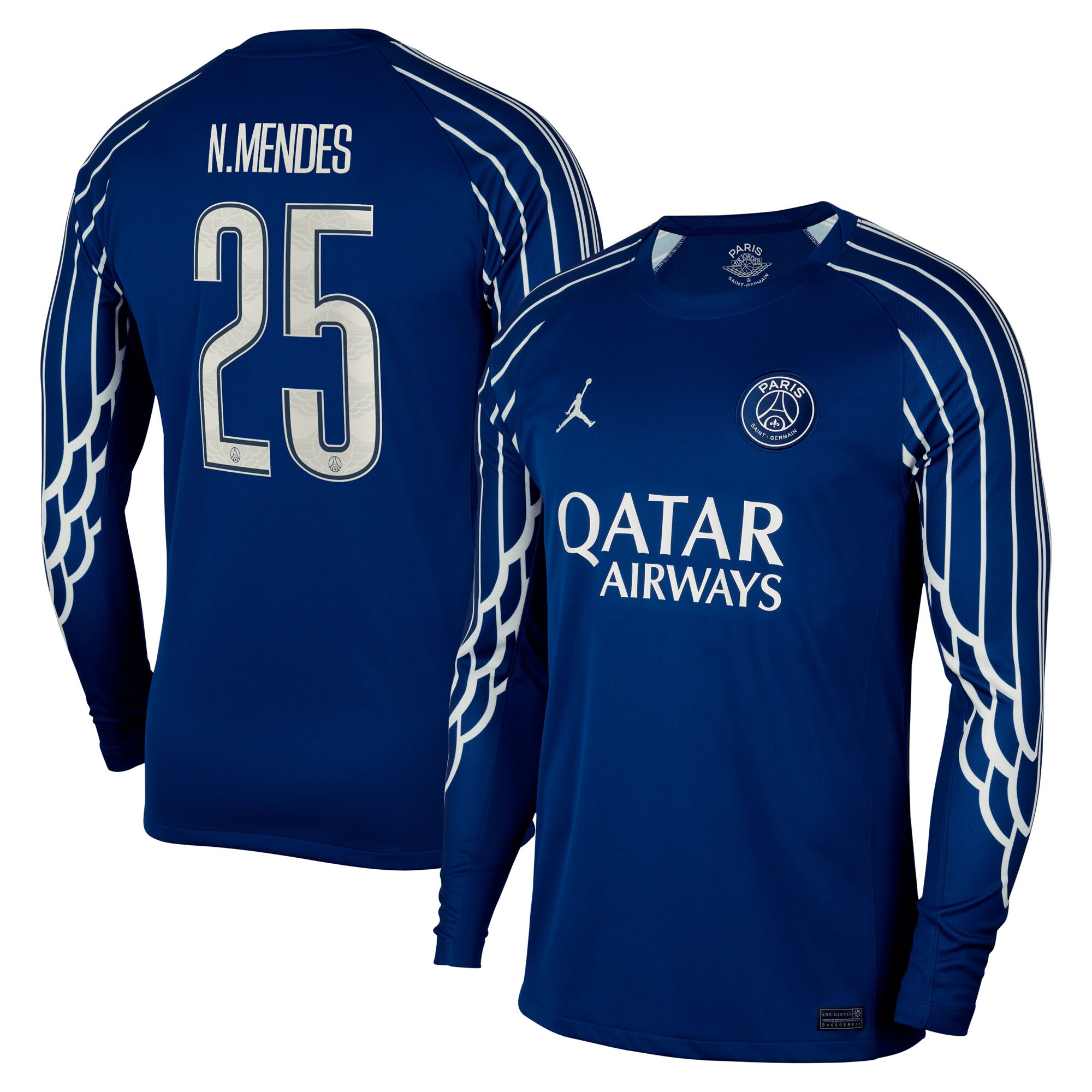 Exklusive psg jordan viertes stadiontrikot 2024-25 – langarm mit cup-aufdruck n.mendes 25 Kollektion – Premium Paris Saint Germain Trikots