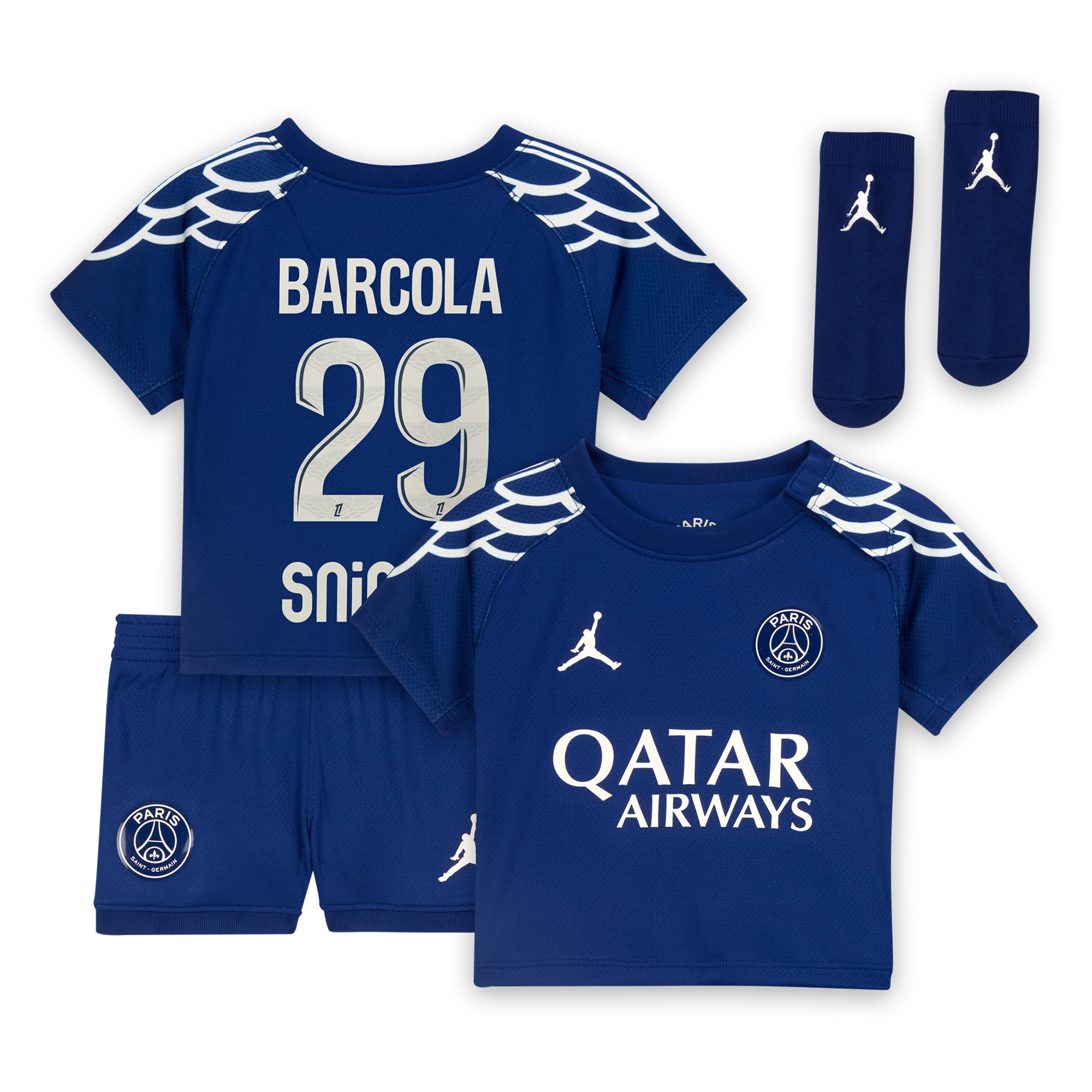 Exklusive psg jordan viertes stadiontrikot 2024-25 – säugling mit barcola 29-aufdruck Kollektion – Premium Paris Saint Germain Trikots