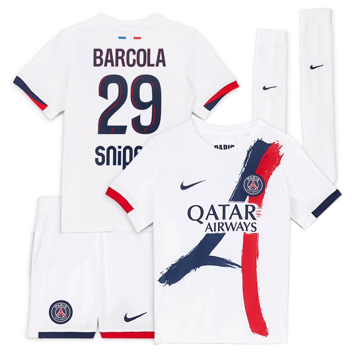 Exklusive psg nike auswärtsstadion-trikot 2024-2025 – kleine kinder mit barcola 29-aufdruck Kollektion – Premium Paris Saint Germain Trikots