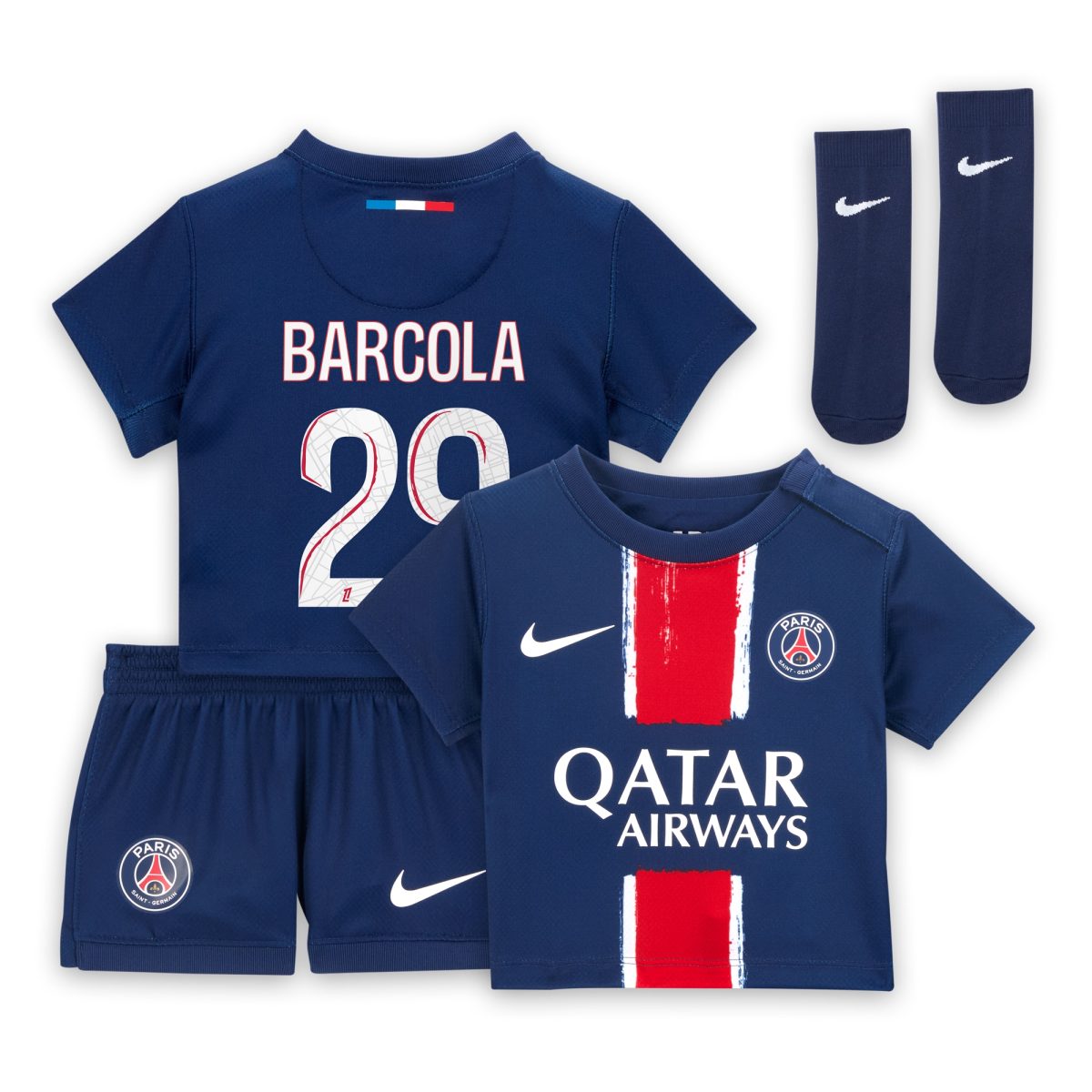 Exklusive psg nike mini-heimtrikot 2024–25 – säuglings mit barcola 29-aufdruck Kollektion – Premium Paris Saint Germain Trikots