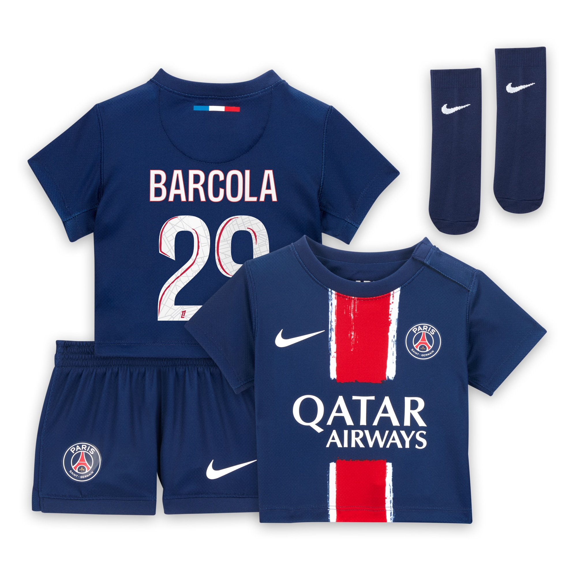 Exklusive psg nike mini-heimtrikot 2024–25 – säuglings mit barcola 29-aufdruck Kollektion – Premium Paris Saint Germain Trikots