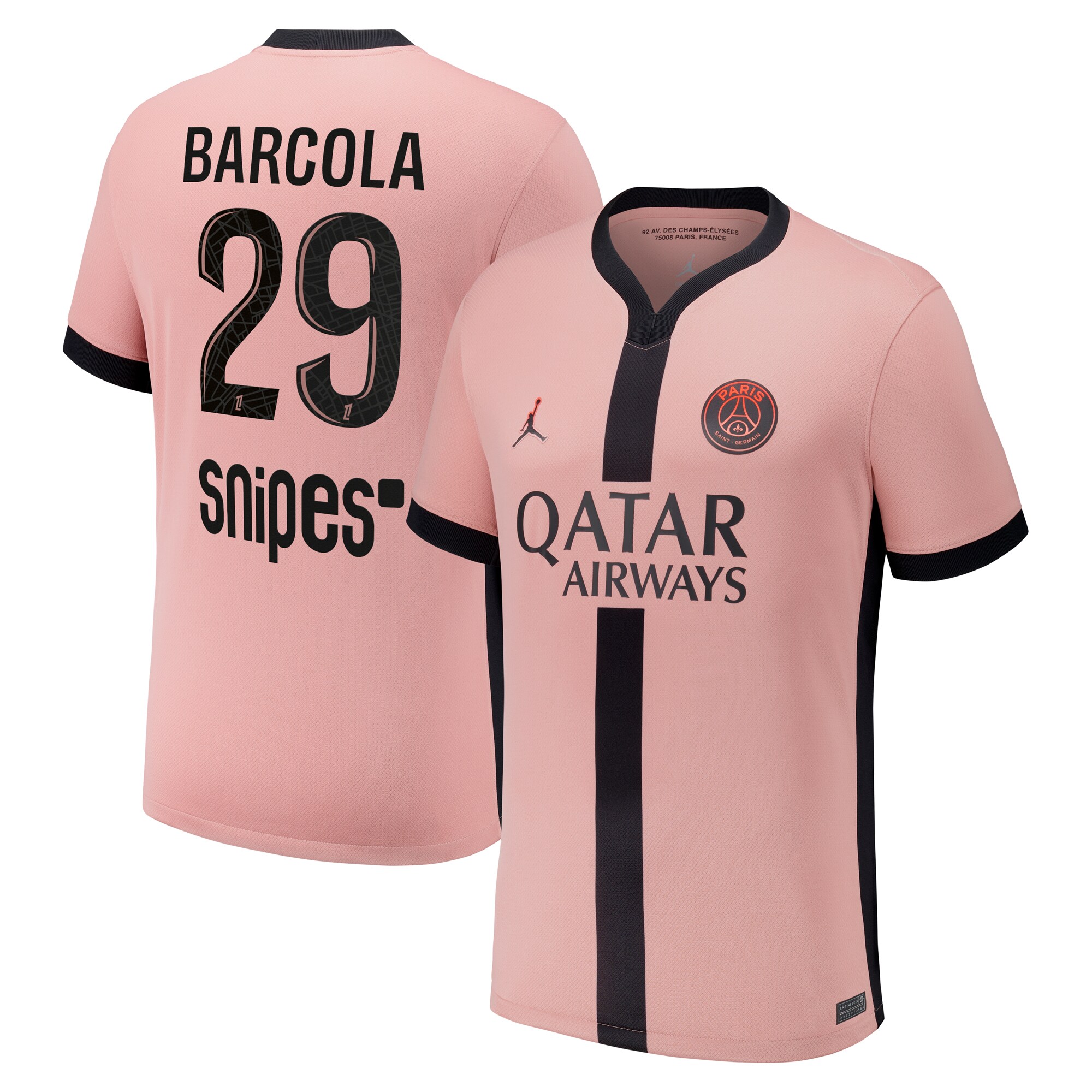 Exklusive psg x jordan drittes stadiontrikot 2024-25 mit barcola 29-aufdruck Kollektion – Premium Paris Saint Germain Trikots